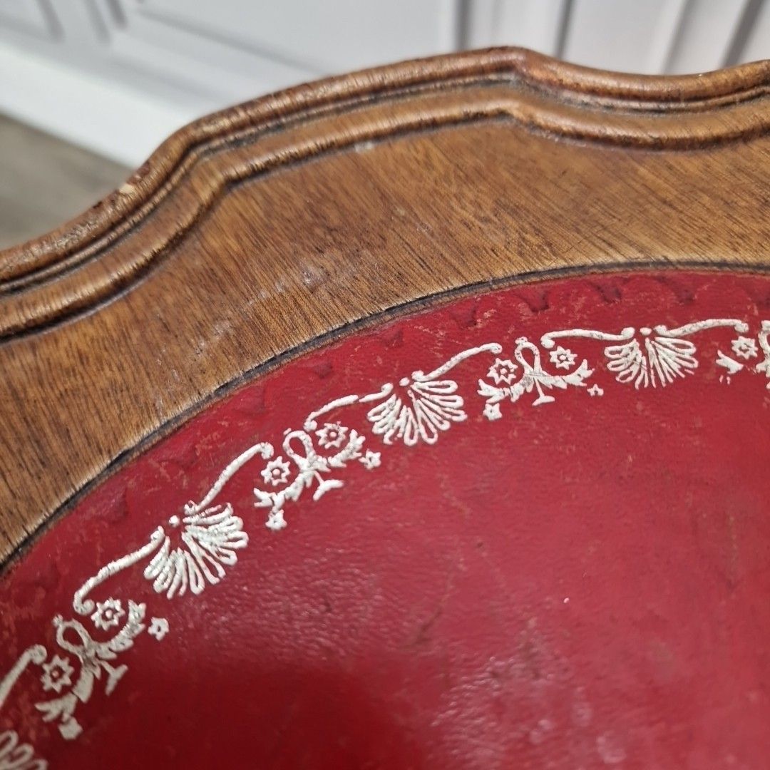 Vintage Side Wine Table Red Faux Leather Top Tripod Retro Antique Style photo vinterior