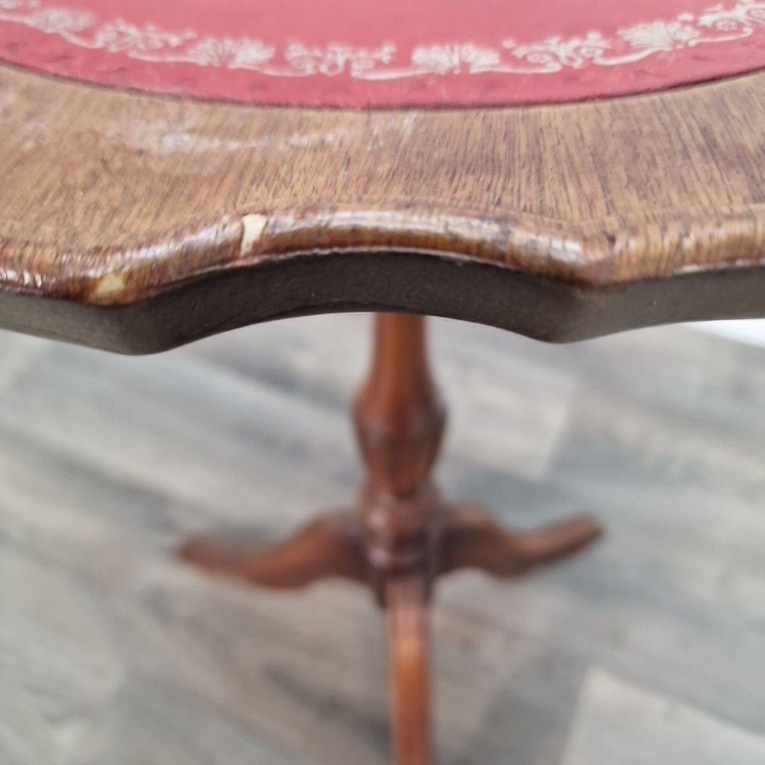 Furniture Vintage Side Wine Table Red Faux Leather Top Tripod Retro Antique Style photo