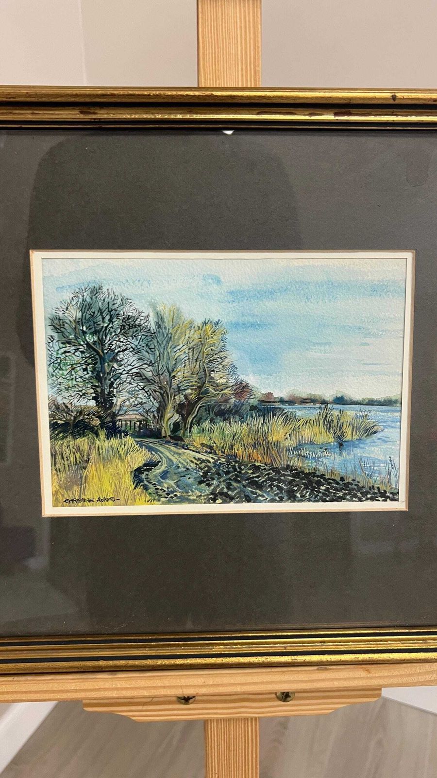 Signed Christine Adams Watercolour Picture Framed & Glazed Riverside Landscape photo furniture
