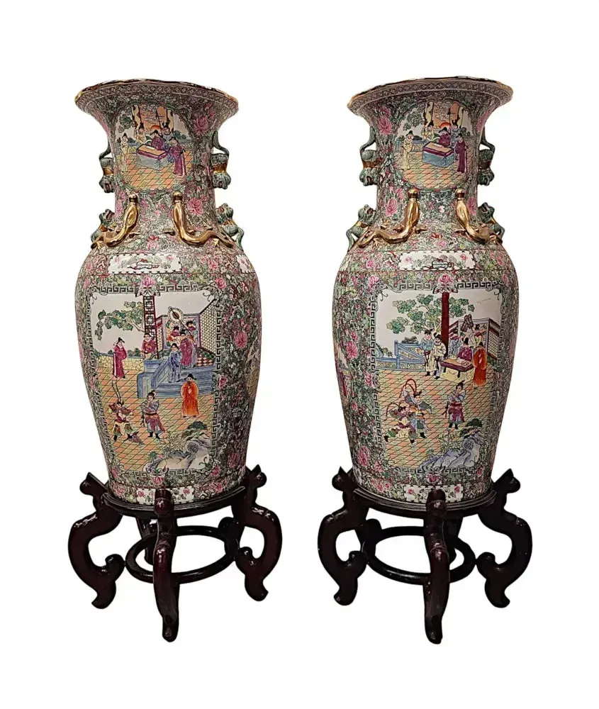 A Very Fine And Impressive Pair Of Early 20th Century Oriental Hand Painted Urns On Timber Stands