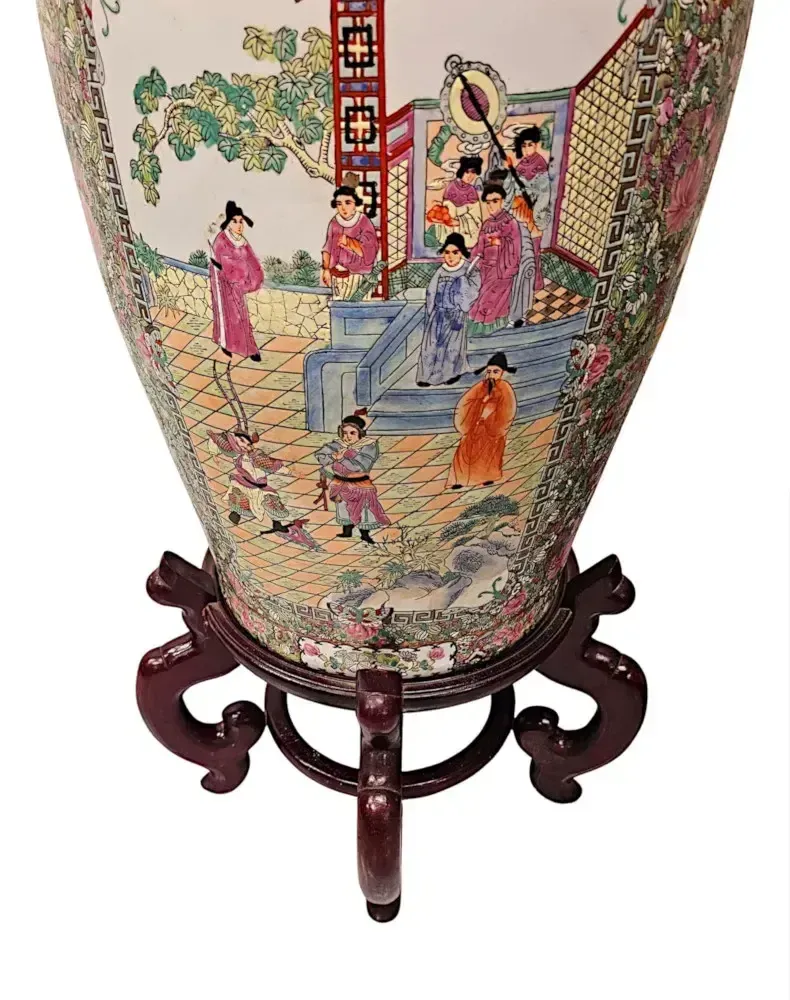 A Very Fine And Impressive Pair Of Early 20th Century Oriental Hand Painted Urns On Timber Stands photo buy