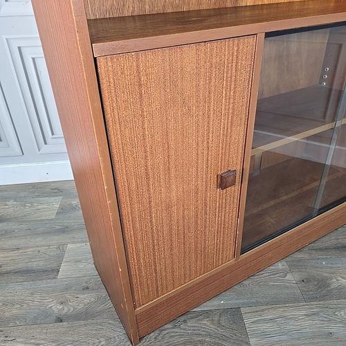 Retro Bookcase Display Shelves Vintage Wood Effect Mid Century Glass Cabinet Mcm photo for sale