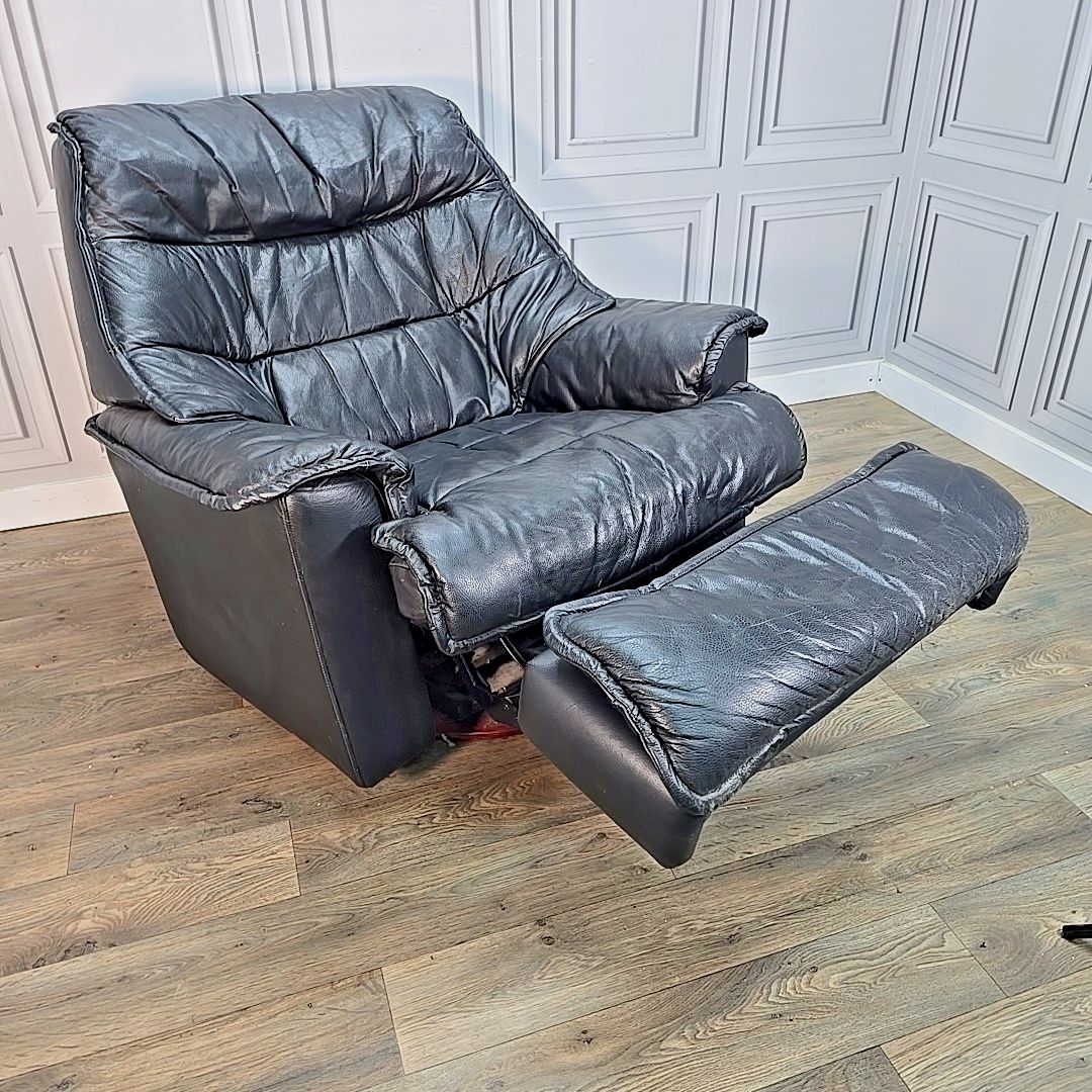 Retro Mid Century Armchair Reclining Swivel Recliner Black Leather Chair Danish