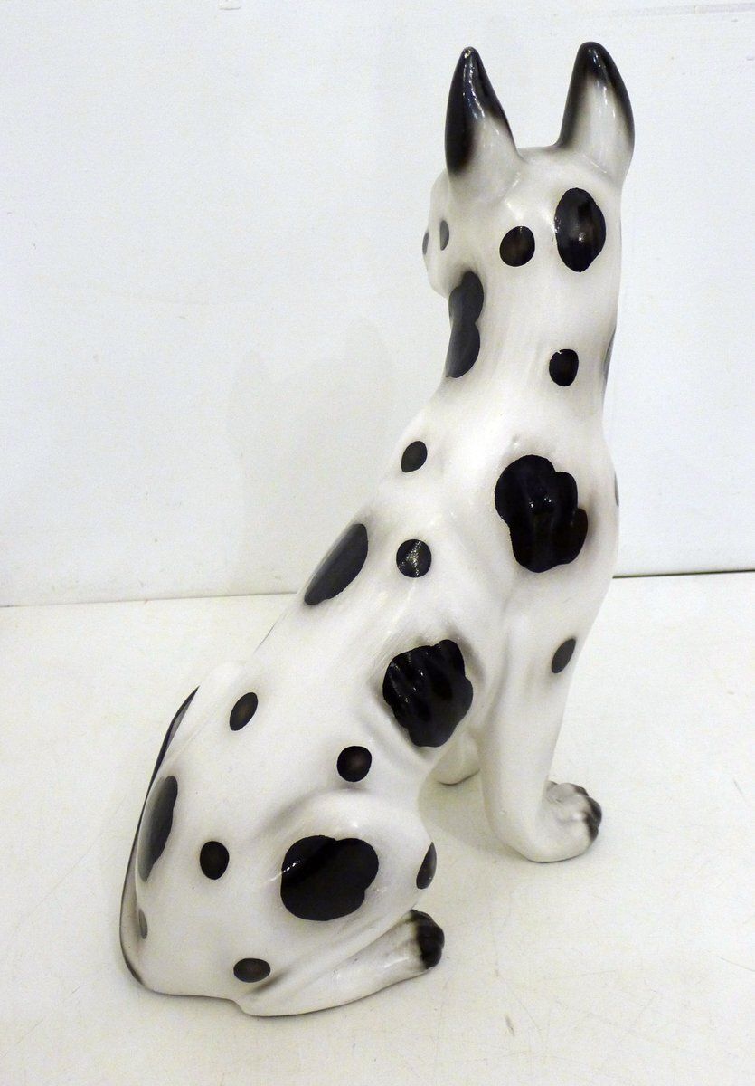 Art Large Ceramic Sculpture Of A Seated Black And White Dog, 1970s photo