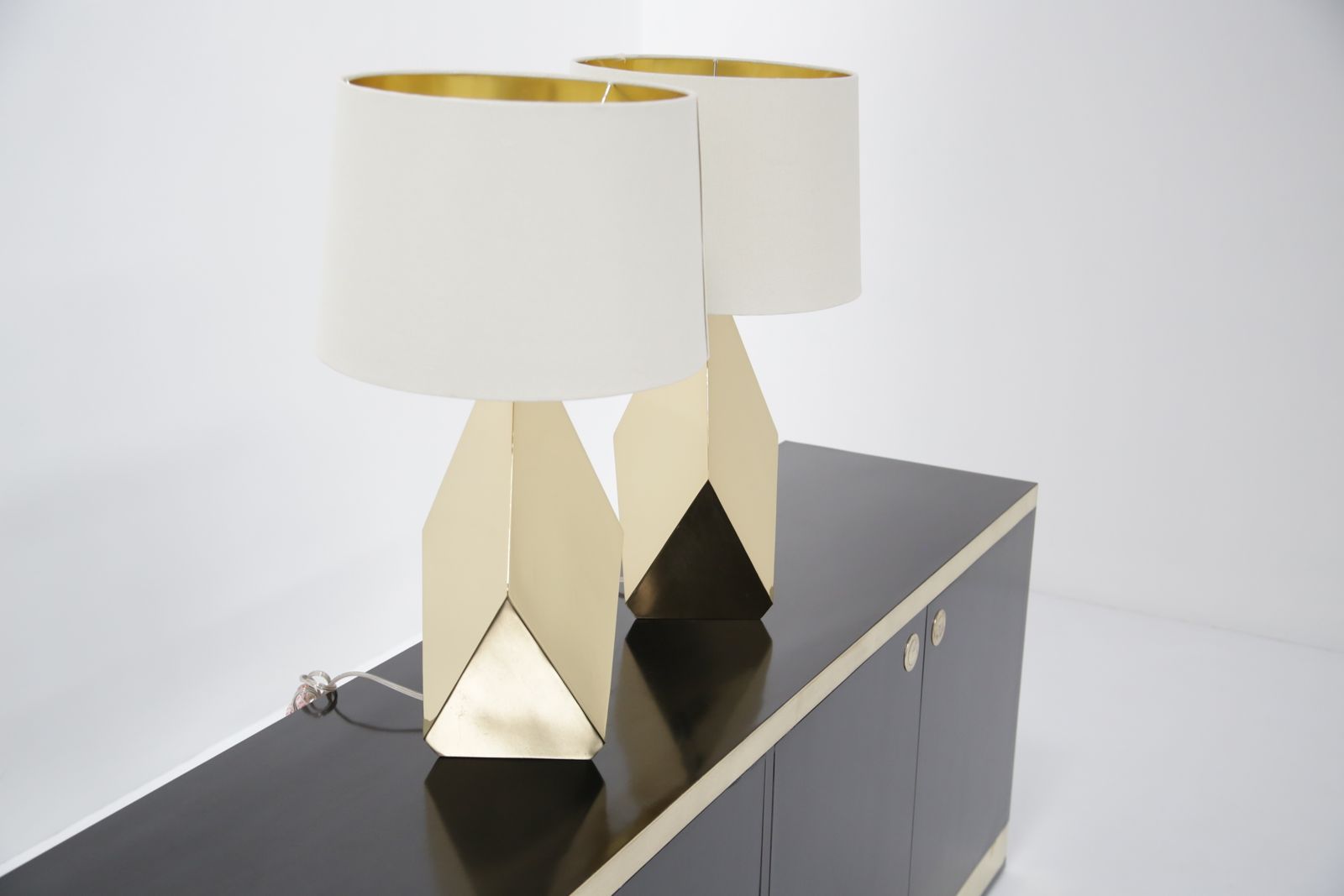 Pair Of Sculptural ‘Origami’ Polished Brass Table Lamps, USA, Mid Century Style photo for sale