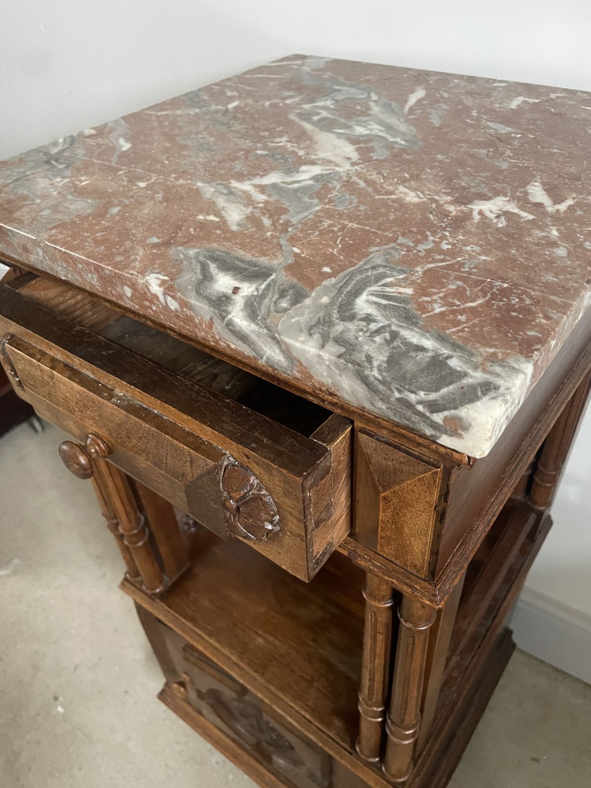 An Antique French Walnut Marble Topped Bedside Cabinet photo vinterior