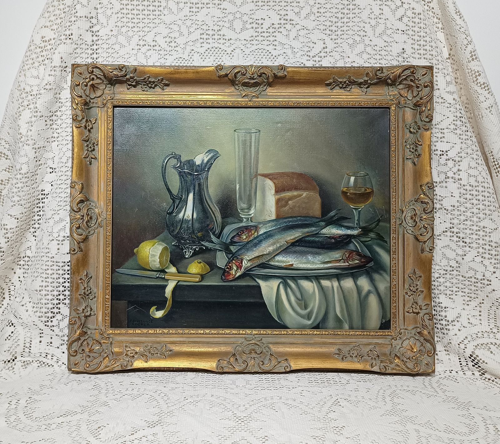 Original Oil Painting Still Life Study Mackerel Lemon And Bread, British Artist Constance M Cooper. photo buy