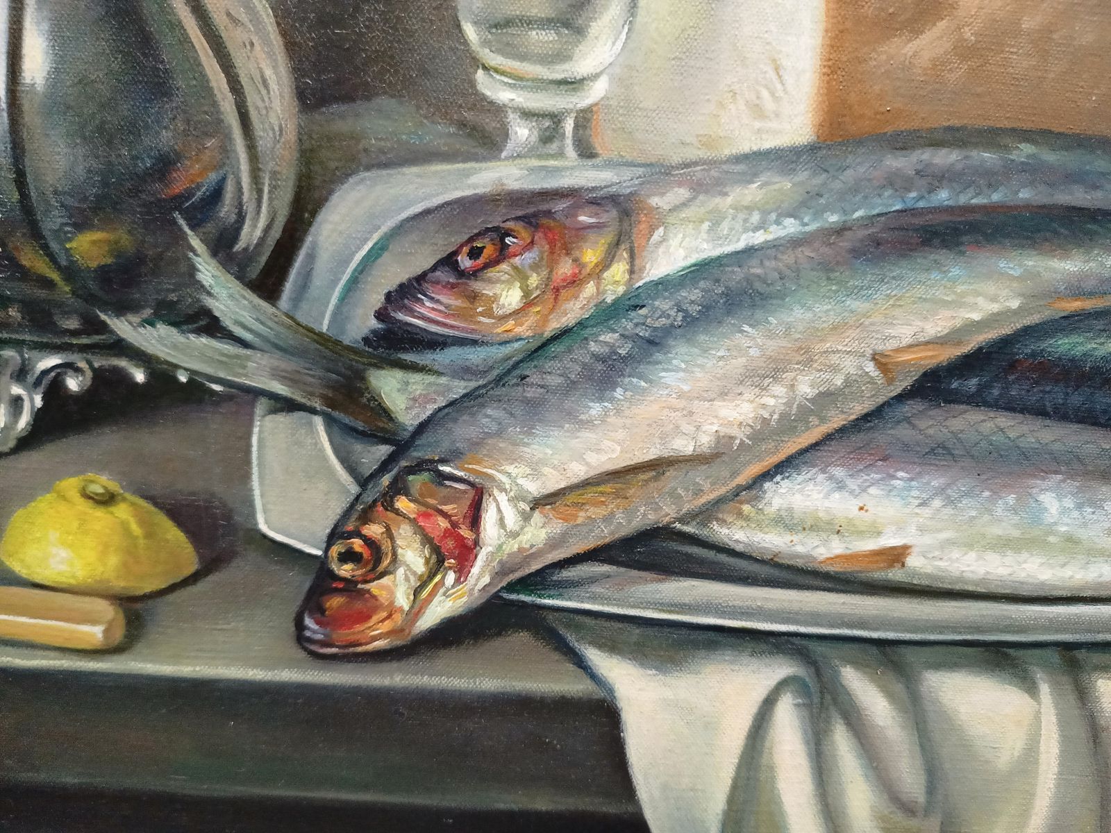 Original Oil Painting Still Life Study Mackerel Lemon And Bread, British Artist Constance M Cooper. photo for sale
