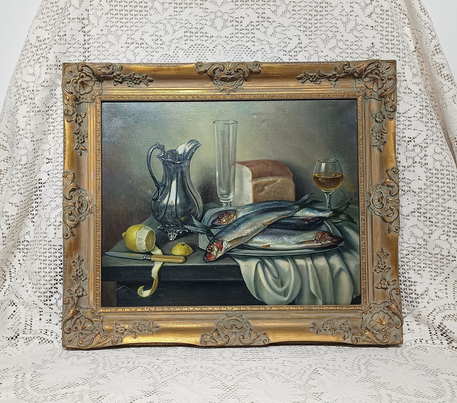 Original Oil Painting Still Life Study Mackerel Lemon And Bread, British Artist Constance M Cooper.