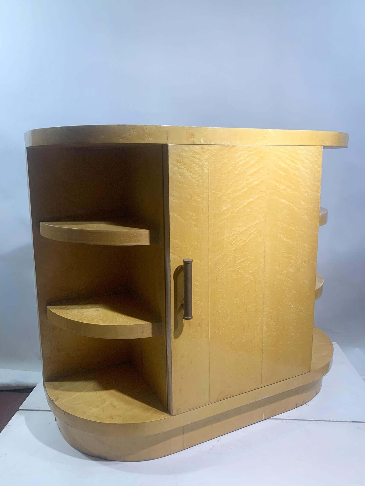 Art Deco Blonde Bird's Eye Maple Sideboard With Curved Open Shelving, Circa 1940 photo furniture
