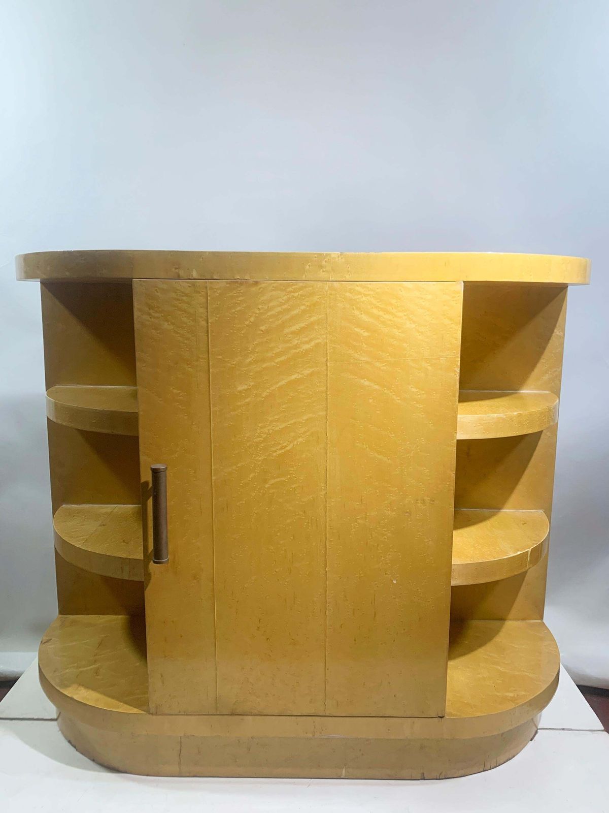 Art Deco Blonde Bird's Eye Maple Sideboard With Curved Open Shelving, Circa 1940 photo for sale