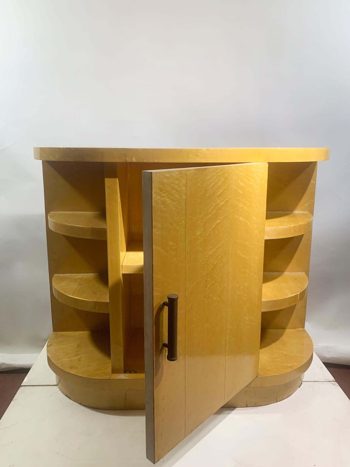 Art Deco Blonde Bird's Eye Maple Sideboard With Curved Open Shelving, Circa 1940 photo Furniture