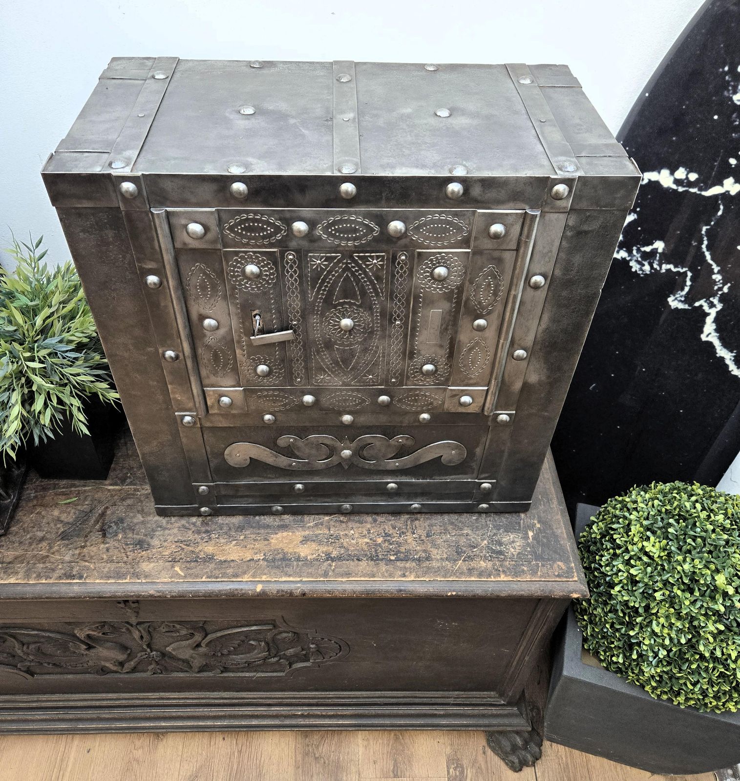 photo for sale 18th Century Wrought Iron Italian Antique Hobnail Safe Strong Box Bar Cabinet