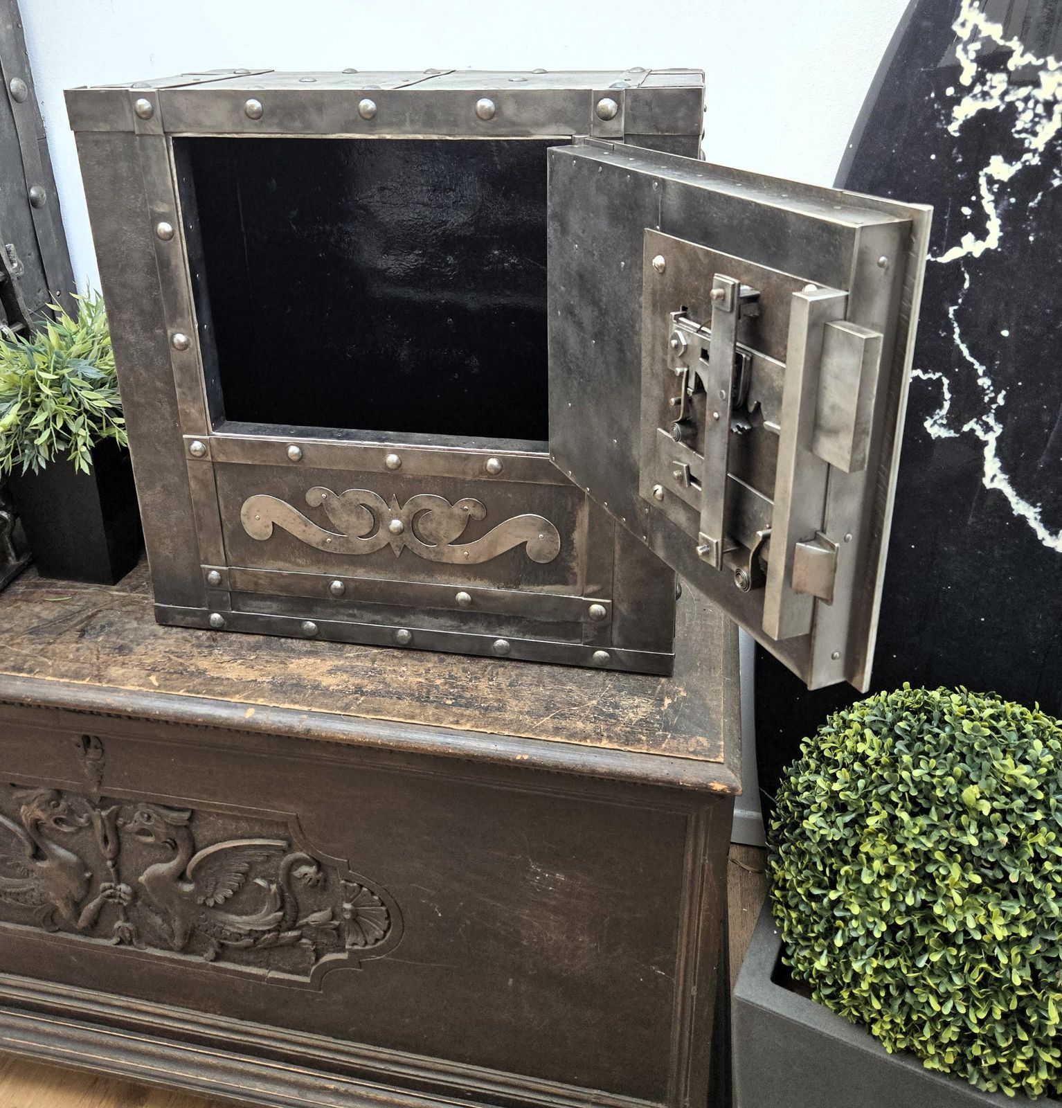 Furniture 18th Century Wrought Iron Italian Antique Hobnail Safe Strong Box Bar Cabinet photo