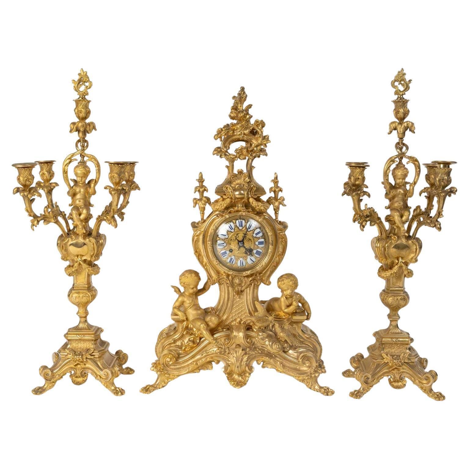 Gilded Bronze Mantel Set, Louis XV Style, Napoleon III Period.