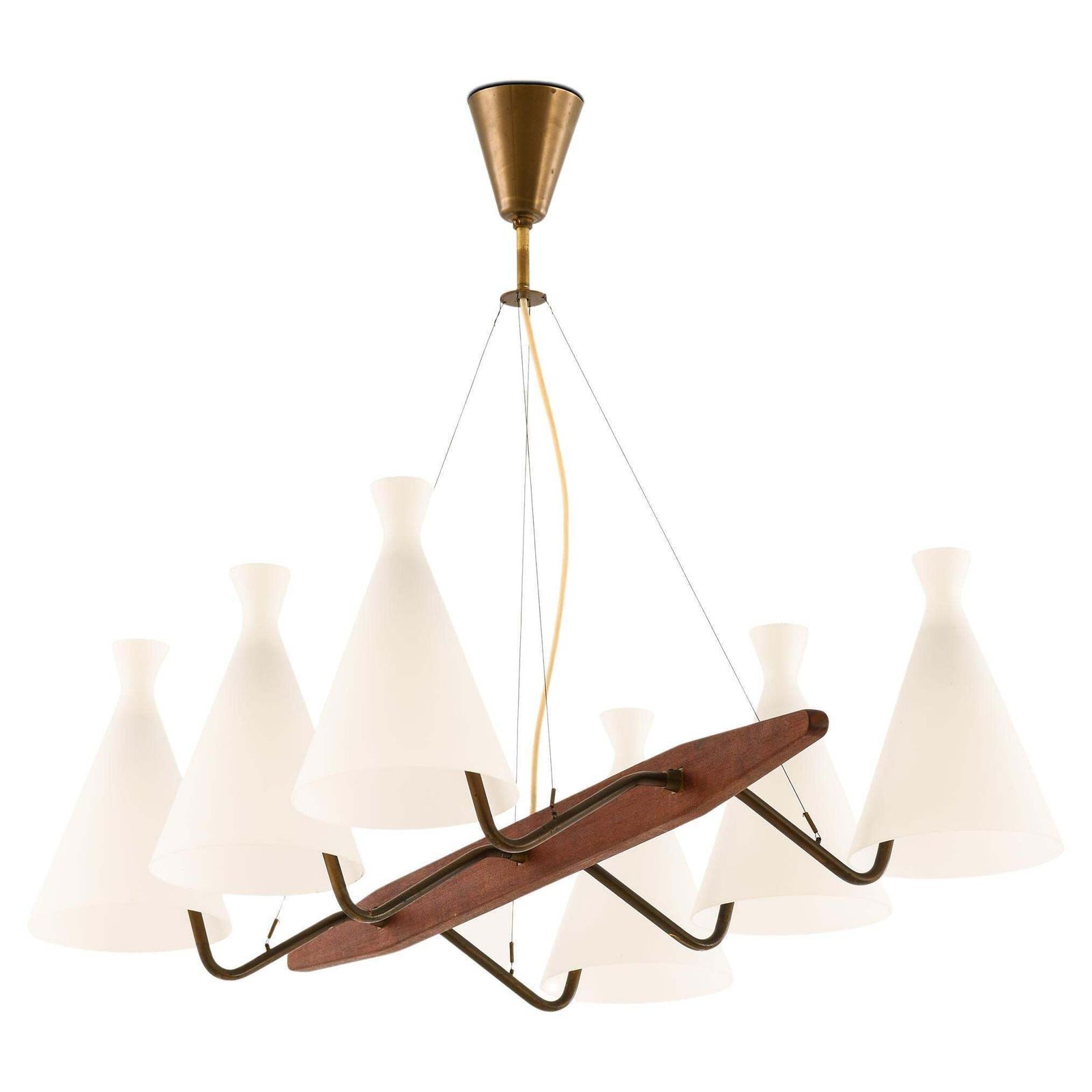 Ceiling Lamp In Brass, Teak And Opaline Glass By Svend Aage Holm Sørensen, 1950s