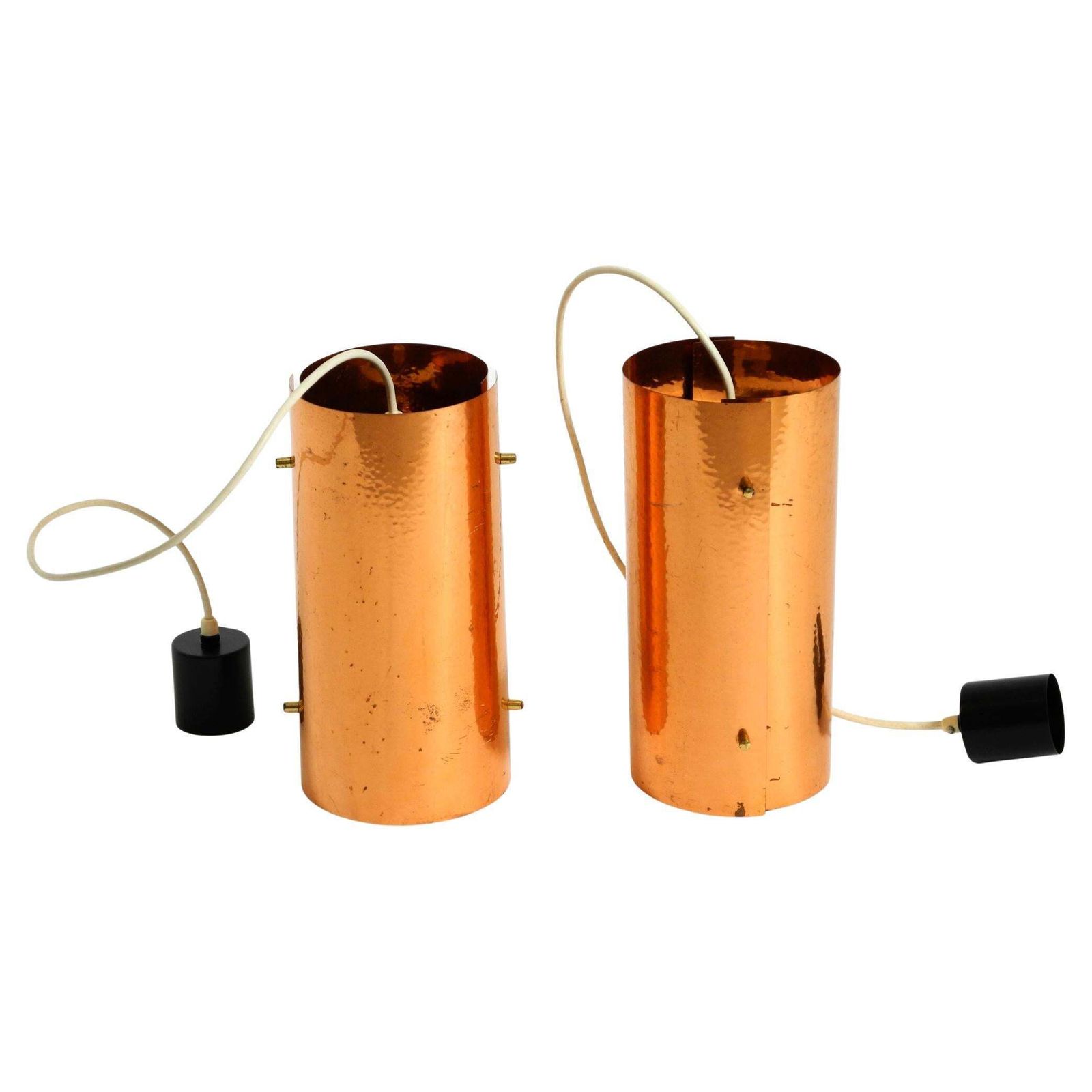 Two 1950s Tube Pendant Lamps Consisting Of Two Screwed Together Copper Bowls