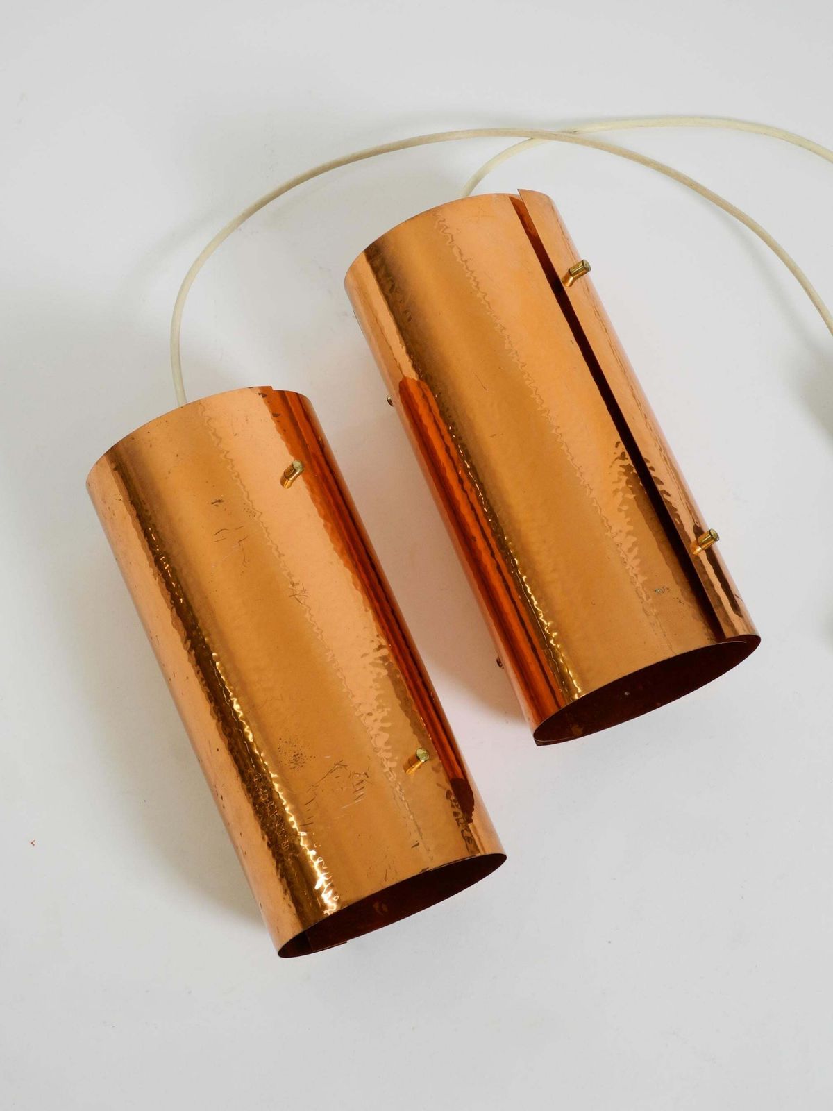 Two 1950s Tube Pendant Lamps Consisting Of Two Screwed Together Copper Bowls photo vinterior