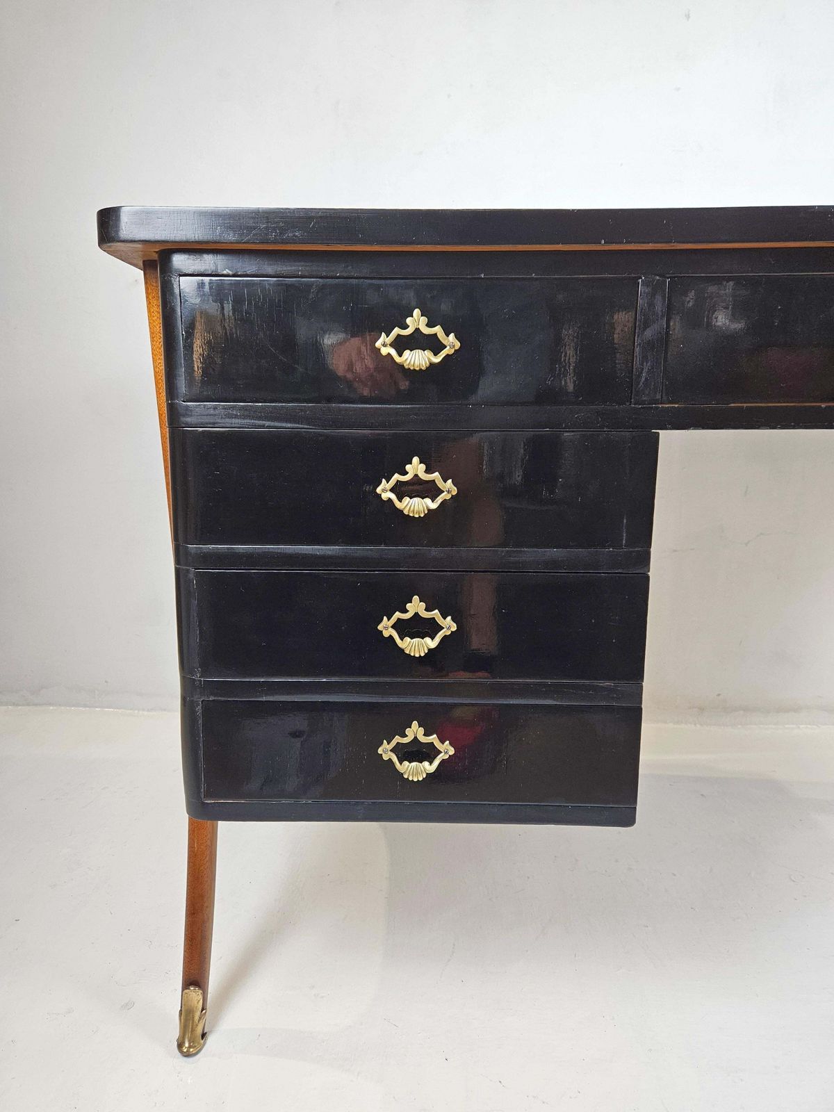 Mid Century Modern Desk, Beech & Walnut With Yellow Glass Top, 1950s photo for sale