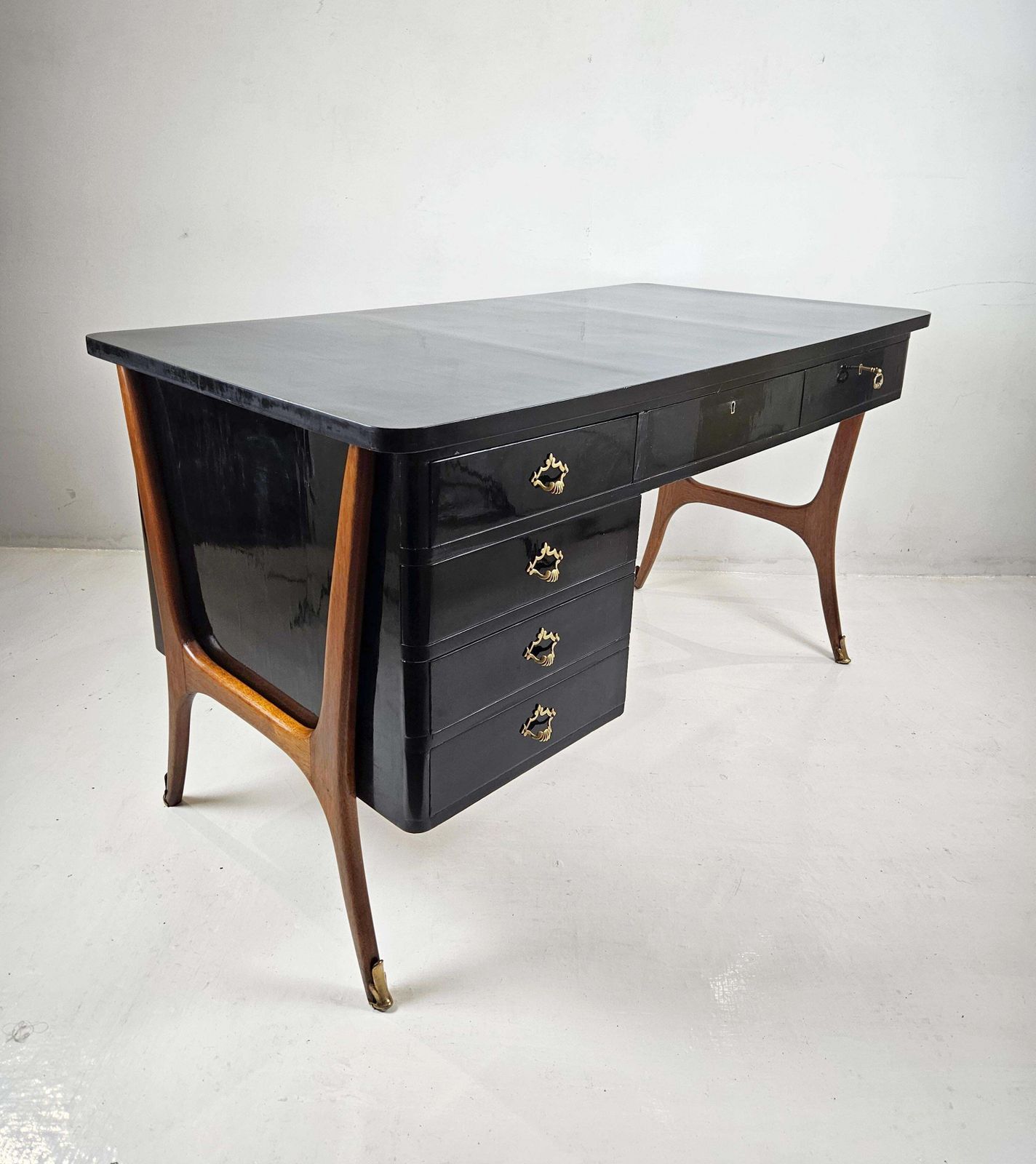 photo furniture Mid Century Modern Desk, Beech & Walnut With Yellow Glass Top, 1950s