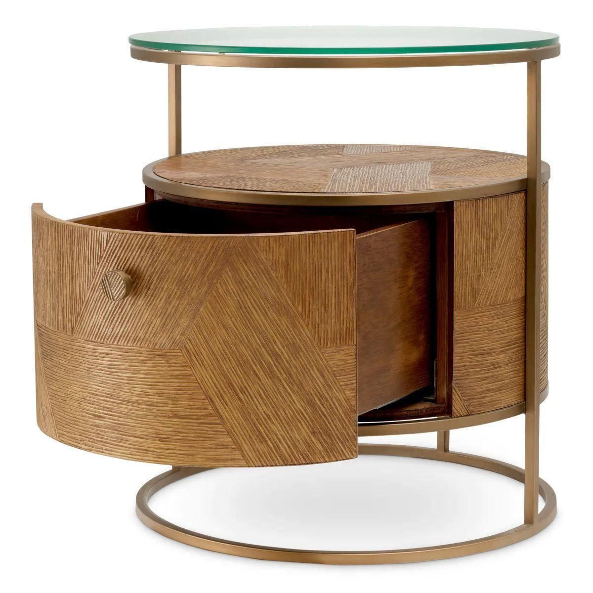 Set Of Two Nightstand In Caramel Carved Oak Veneer And Brushed Brass photo 3893.0
