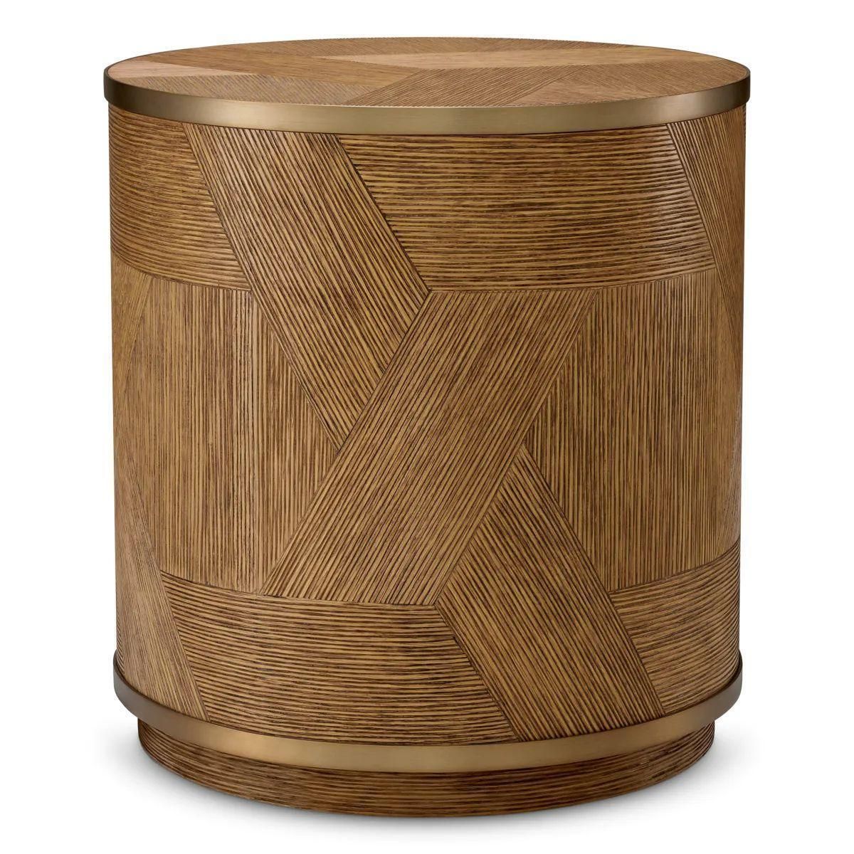 Side Table In Caramel Carved Oak Veneer And Brushed Brass Finish photo for sale
