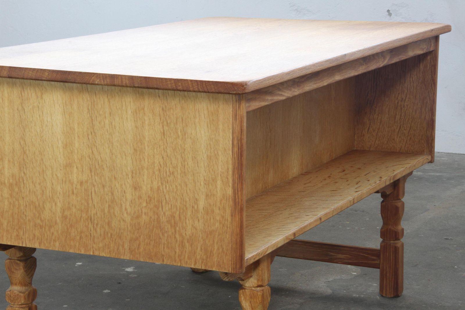 Vintage Mid Century Oak Writing Desk With 6 Drawers, Open Back, Kjærnulf Style. photo vinterior