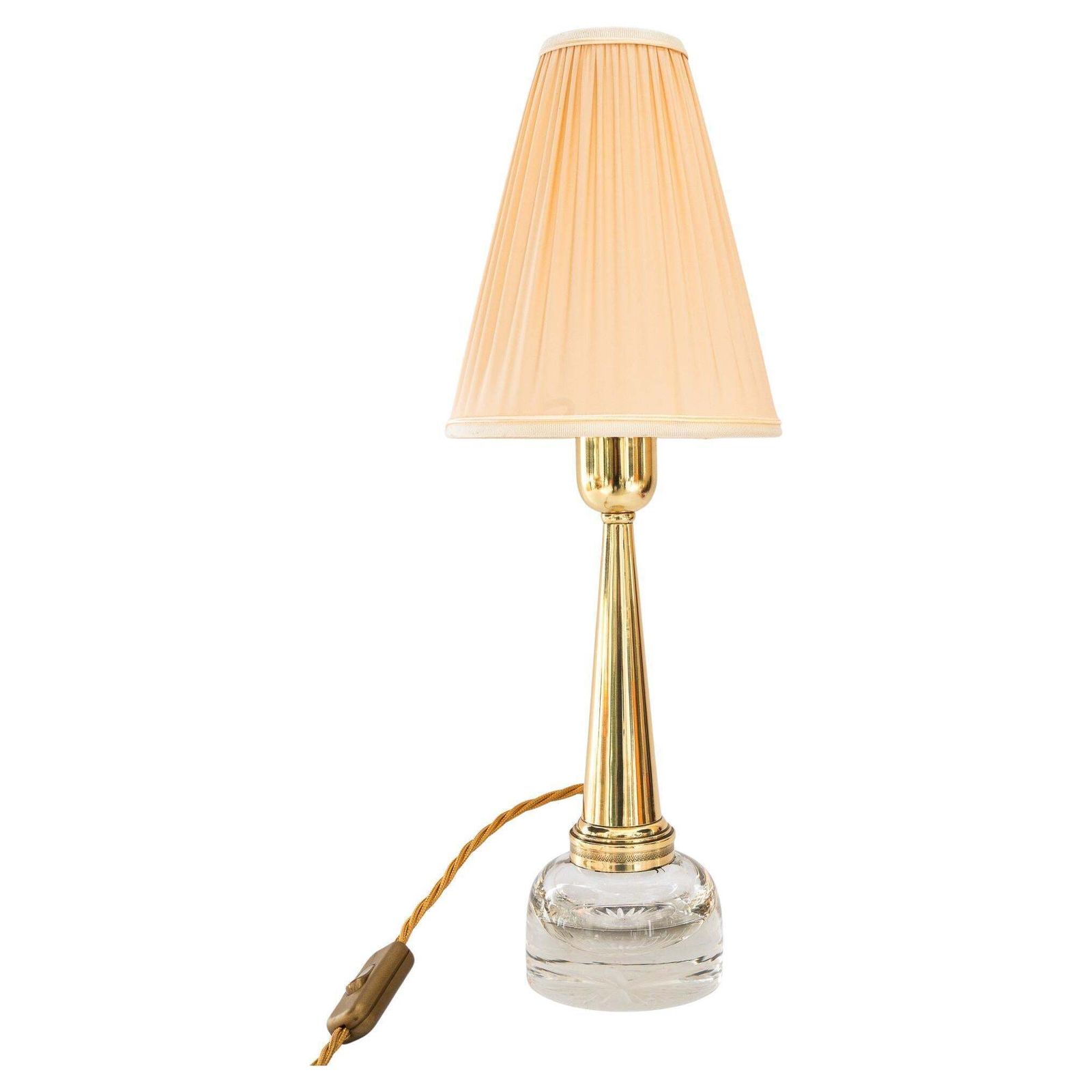Art Deco Glass And Brass Table Lamp With Fabric Shade Around 1920s