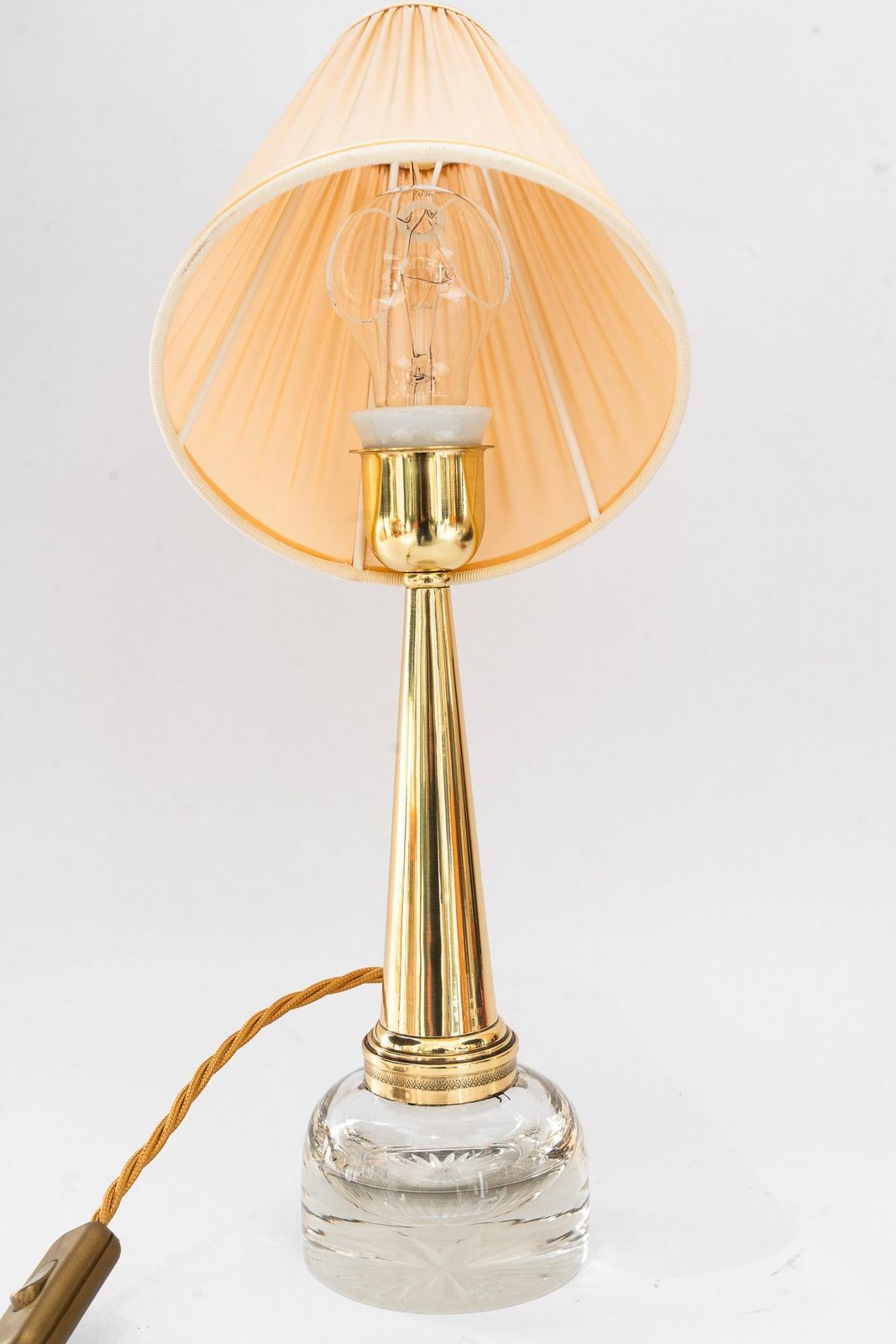 Art Deco Glass And Brass Table Lamp With Fabric Shade Around 1920s photo 381.0