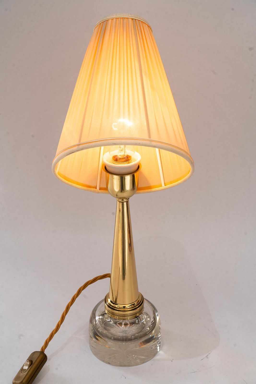 381.0 Art Deco Glass And Brass Table Lamp With Fabric Shade Around 1920s photo