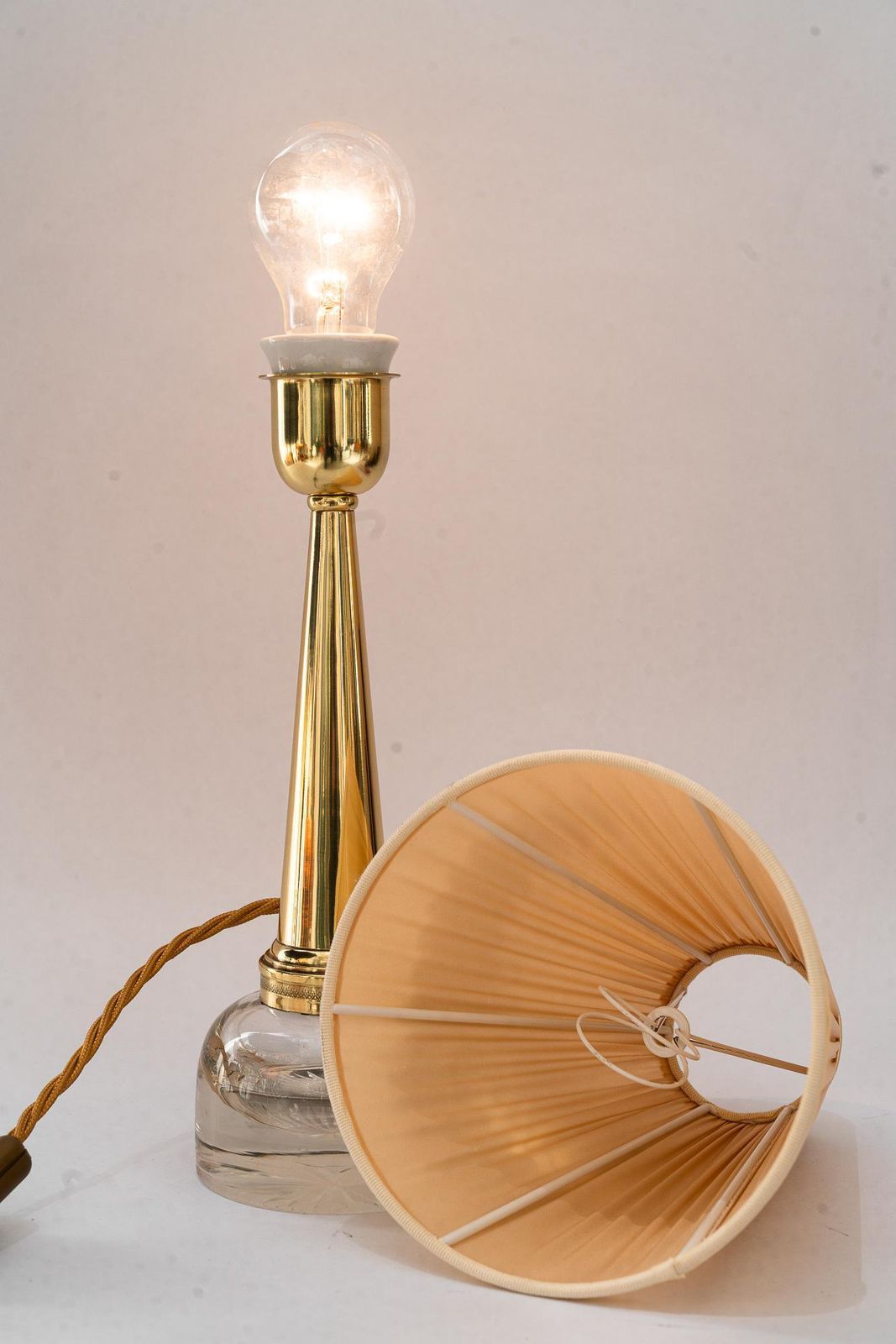 photo vintage Art Deco Glass And Brass Table Lamp With Fabric Shade Around 1920s
