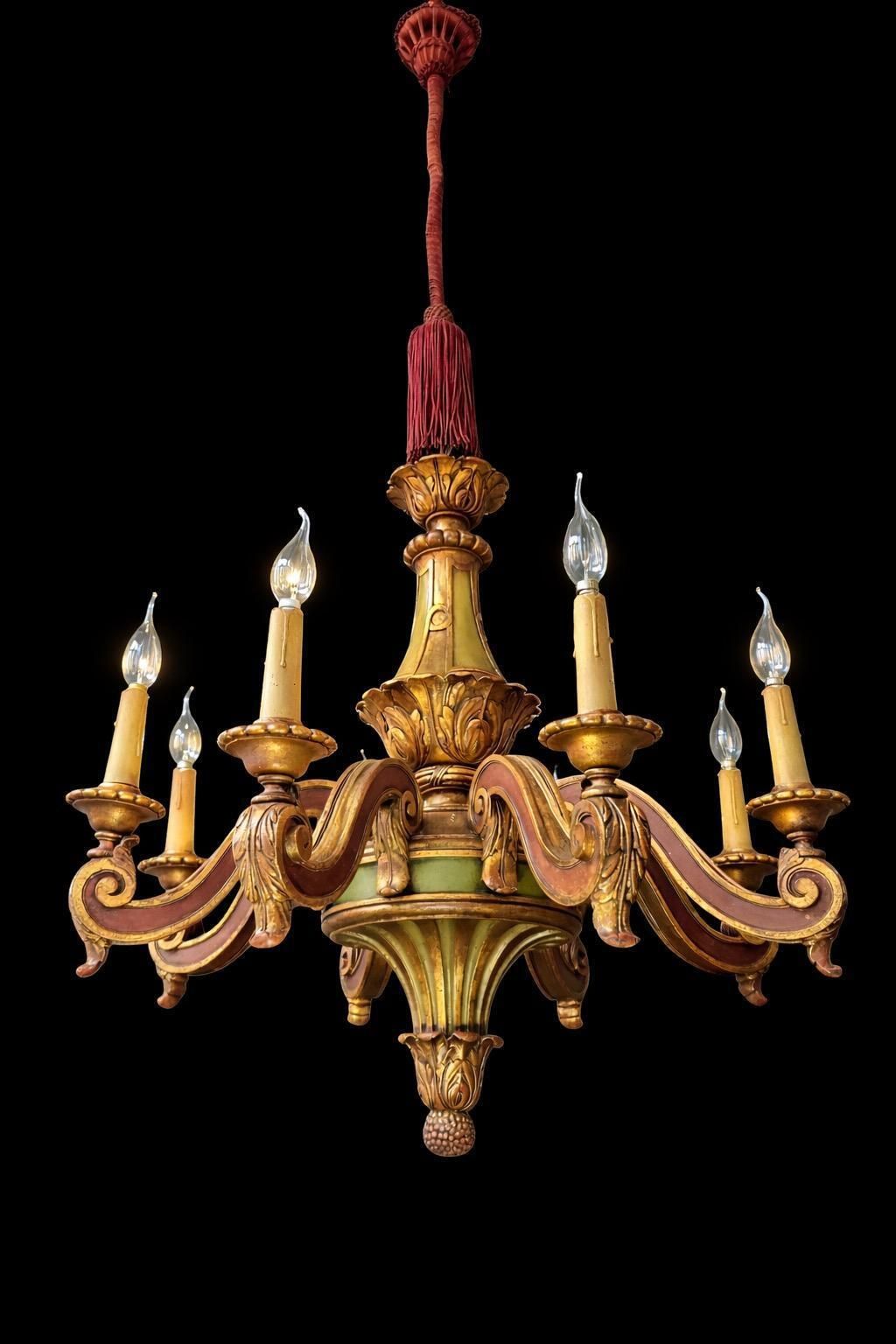 Monumental Architectural Italian Baroque Revival Giltwood 8 Light Chandelier photo for sale