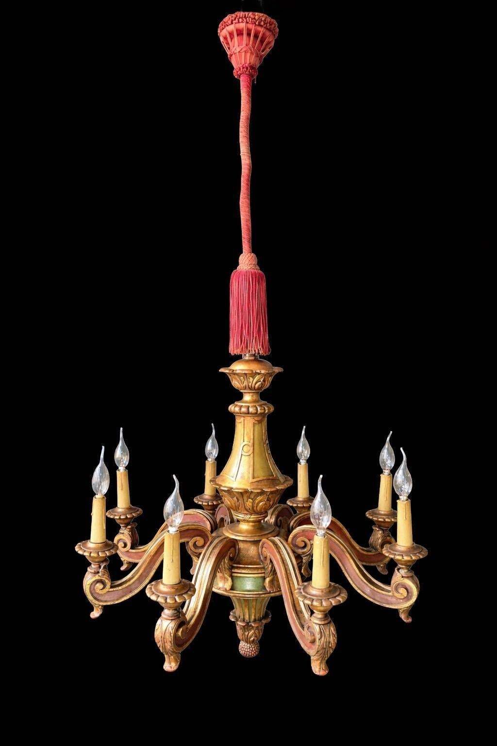 Monumental Architectural Italian Baroque Revival Giltwood 8 Light Chandelier photo Lighting