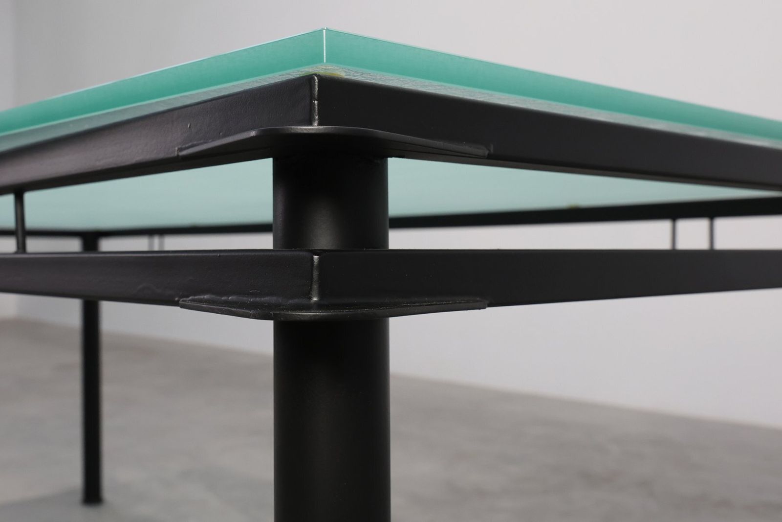 Modernist Dining Table With Black Metal Base And Glass Top, Belgium, 1980s photo furniture