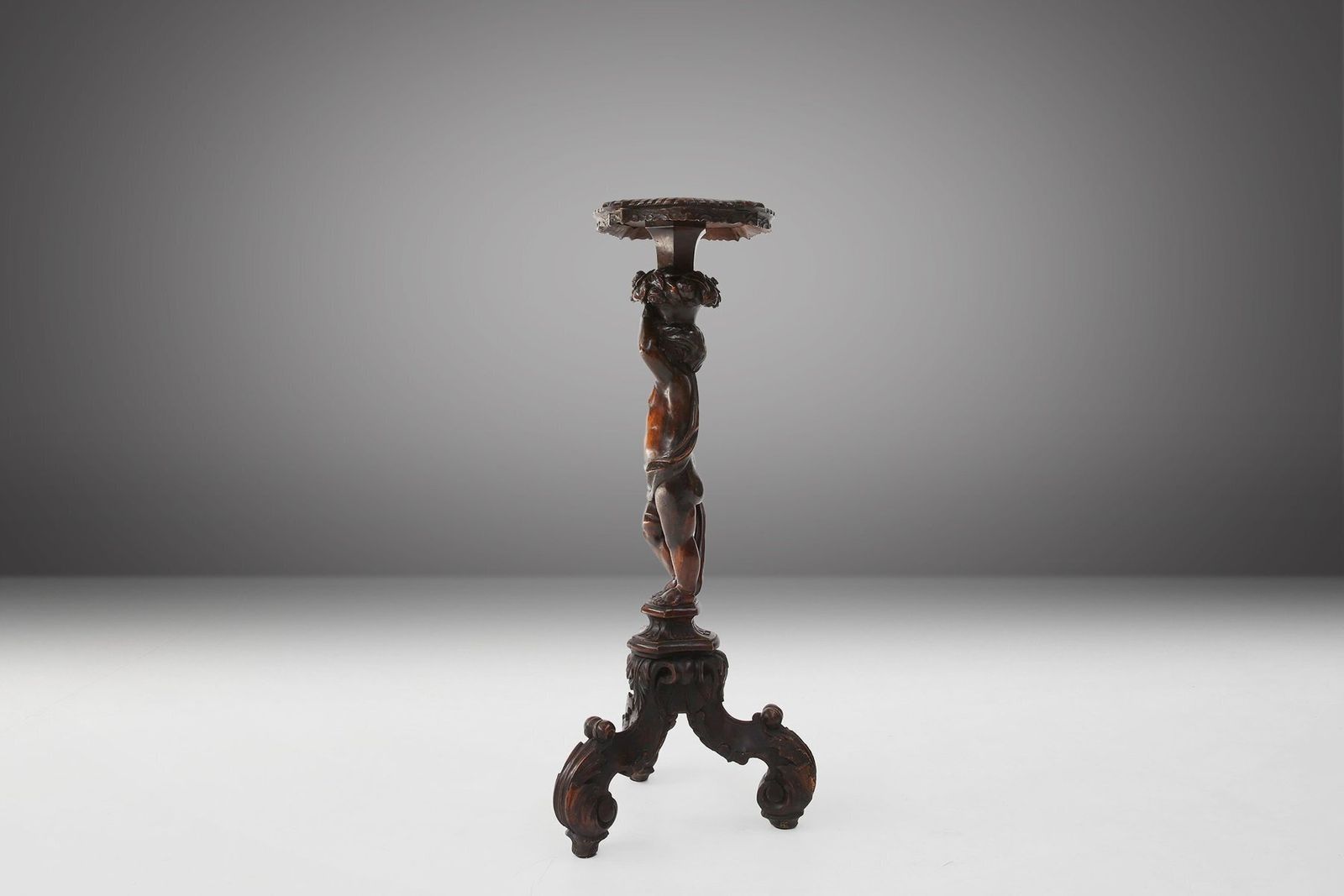 Carved Walnut Pedestal Table With Putto, France, 1850s photo vinterior