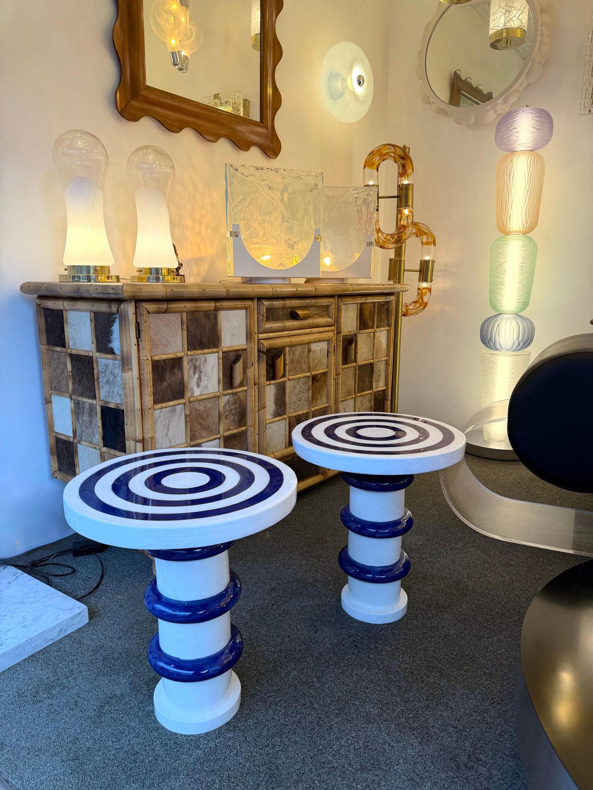 Contemporary Pair Of Blue And White Ceramic Stripe Side Tables. Italy photo furniture