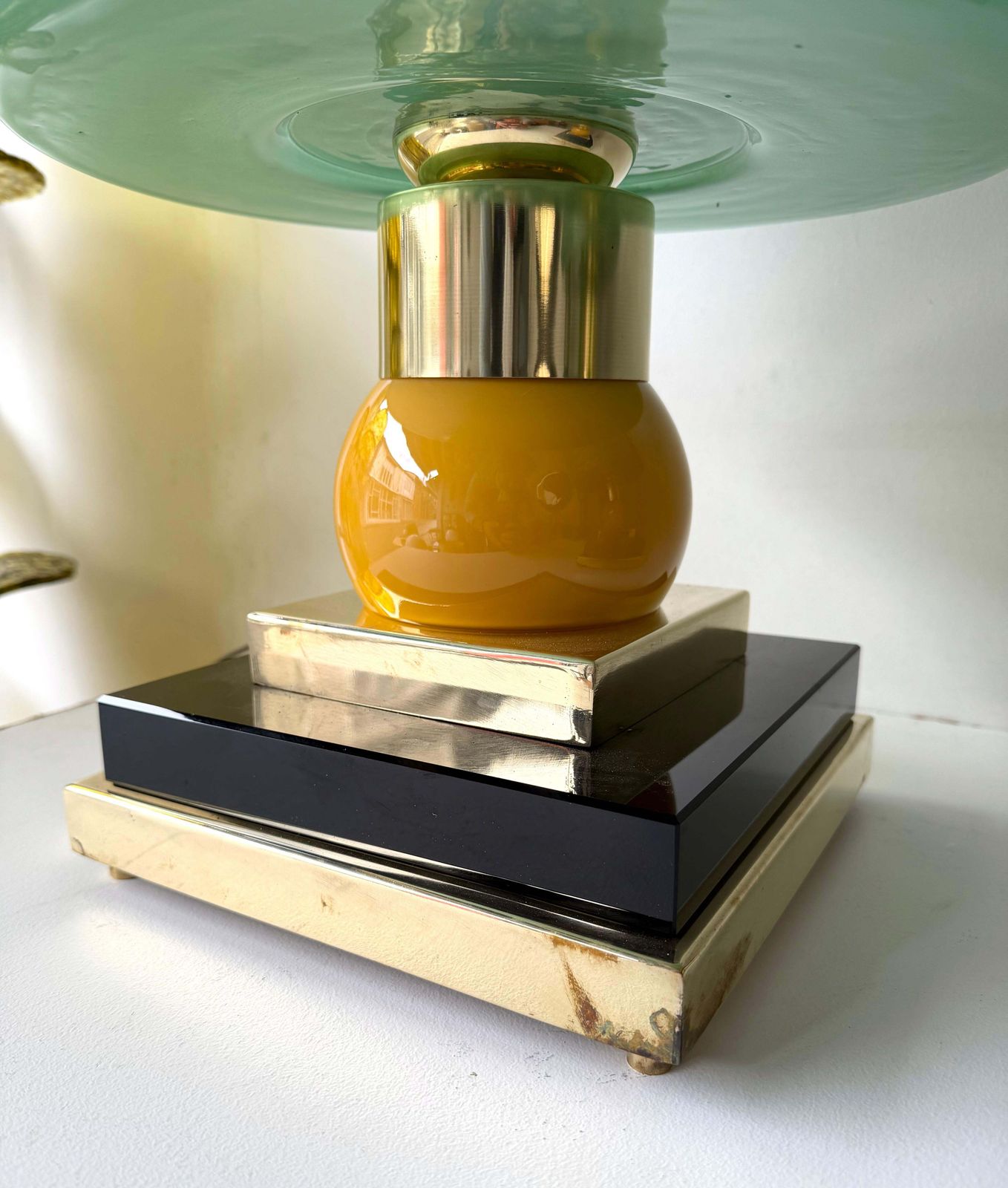 Contemporary Pair Of Brass And Green Murano Glass Wave Shades Lamps, Italy photo furniture