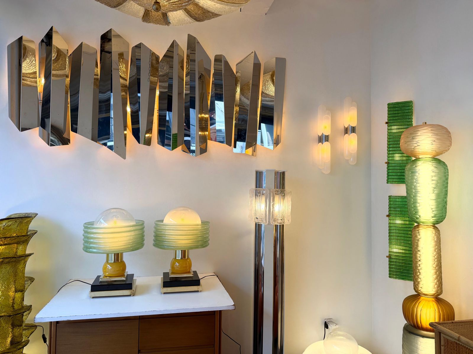 Contemporary Pair Of Brass And Green Murano Glass Wave Shades Lamps, Italy photo vintage