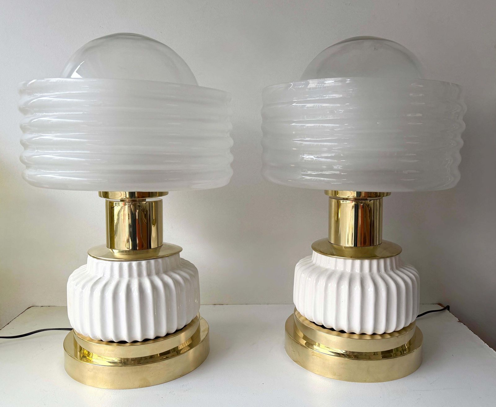 Contemporary Pair Of Brass And White Murano Glass Wave Shades Lamps, Italy photo furniture