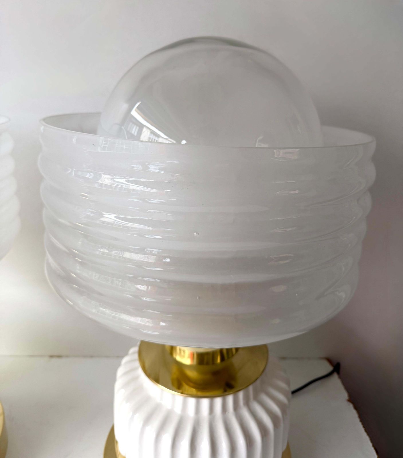 Contemporary Pair Of Brass And White Murano Glass Wave Shades Lamps, Italy photo Lighting