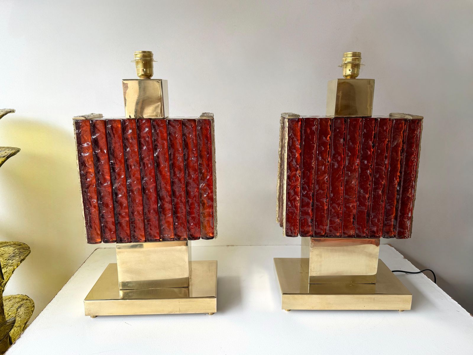 Contemporary Pair Of Brass Fusion And Red Murano Glass Lamps, Italy photo furniture