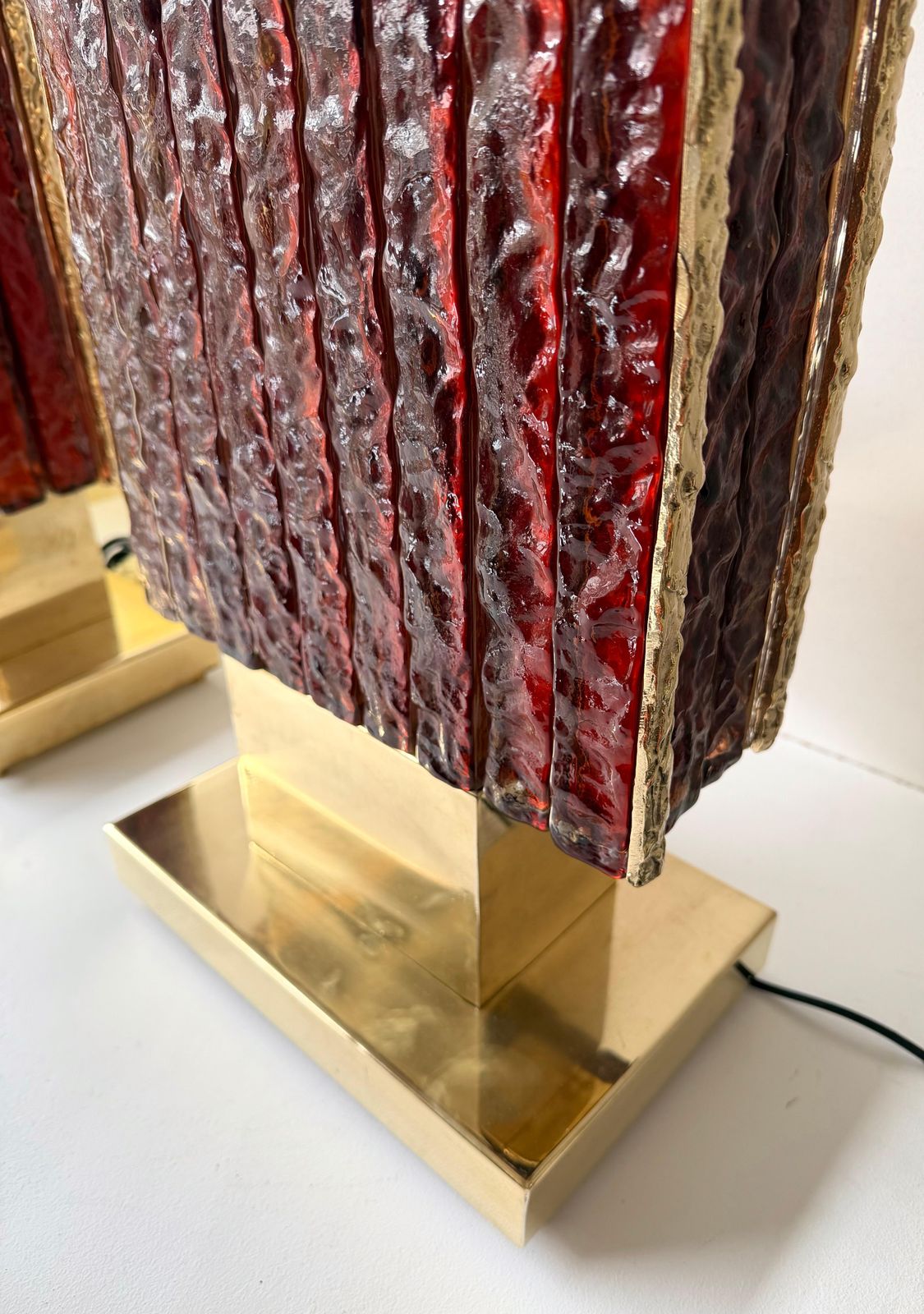 4979.0 Contemporary Pair Of Brass Fusion And Red Murano Glass Lamps, Italy photo