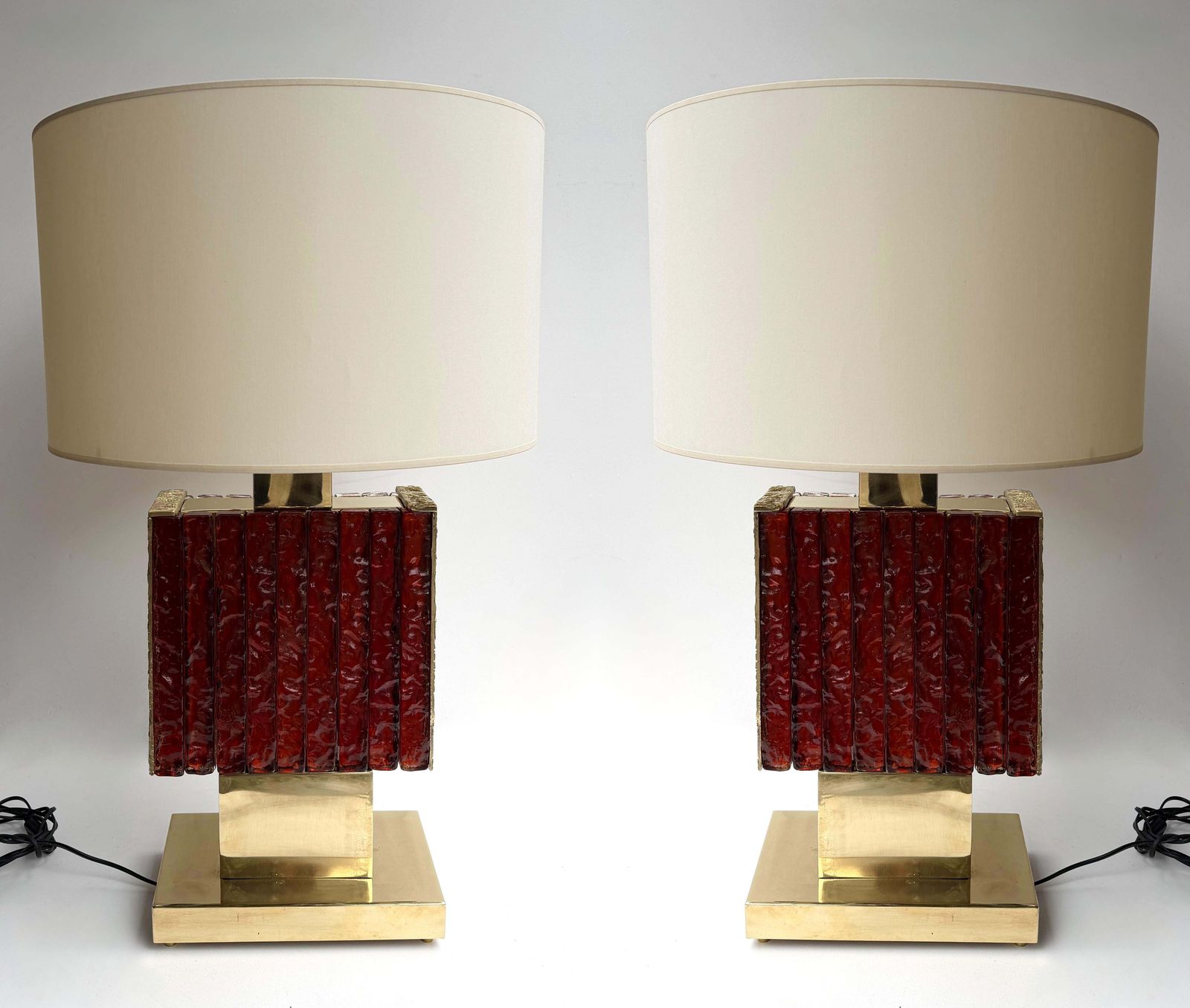 photo buy Contemporary Pair Of Brass Fusion And Red Murano Glass Lamps, Italy