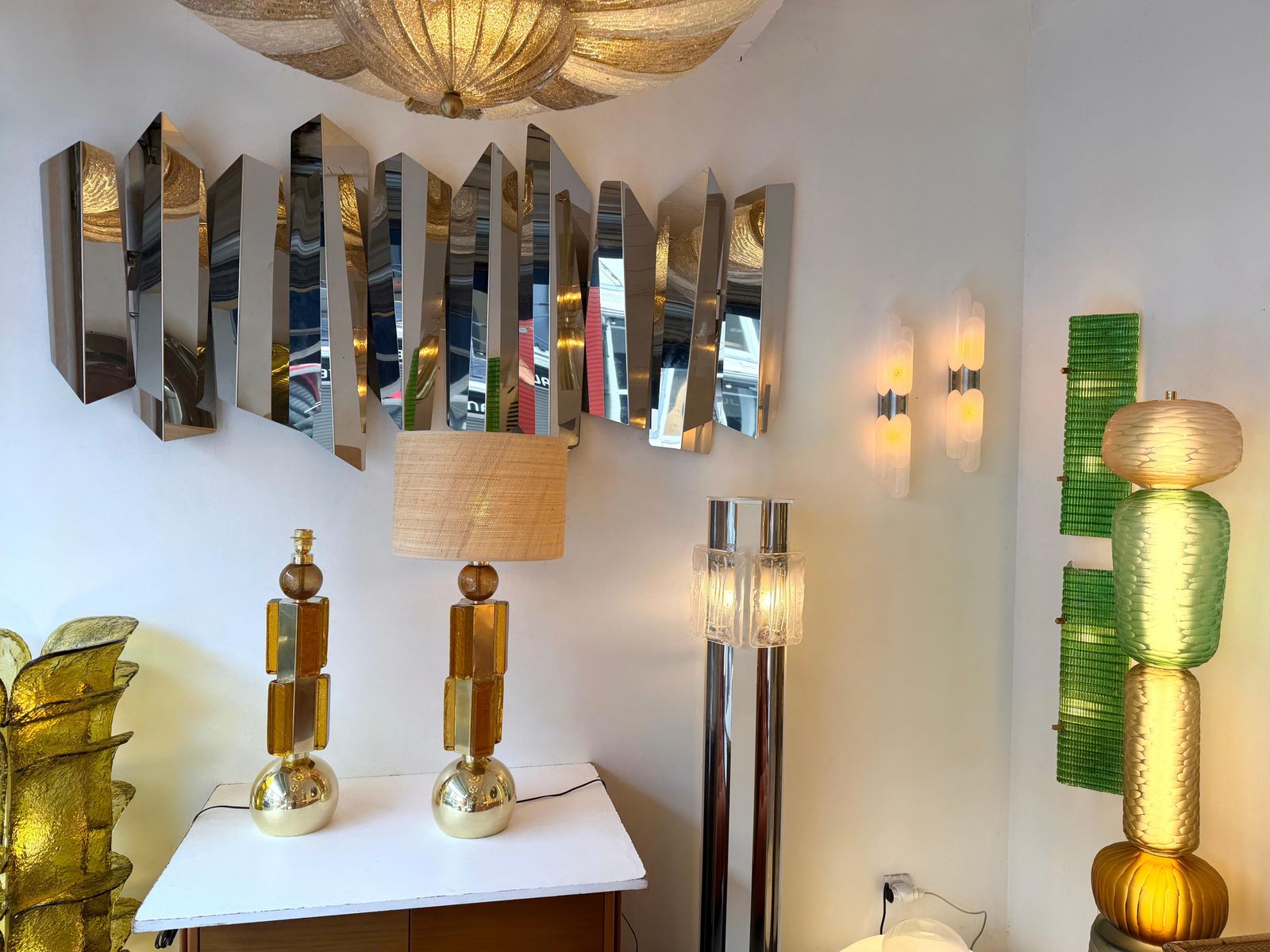 Lighting Contemporary Pair Of Brass And Murano Glass Lamps, Italy photo