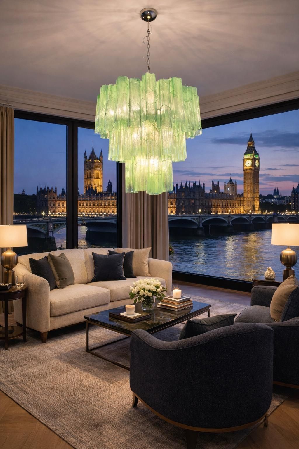 photo furniture Pair Italian Chandeliers In Murano Glass