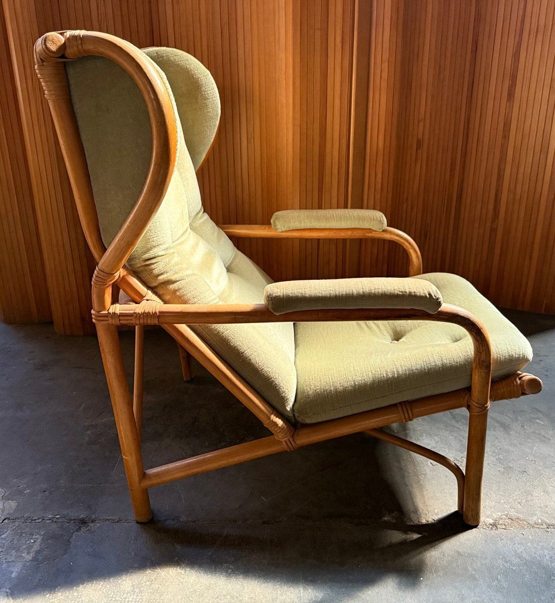 Rattan And Light Green Velvet Armchair, 1960s photo Furniture