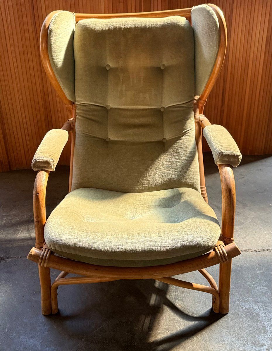 Rattan And Light Green Velvet Armchair, 1960s photo buy