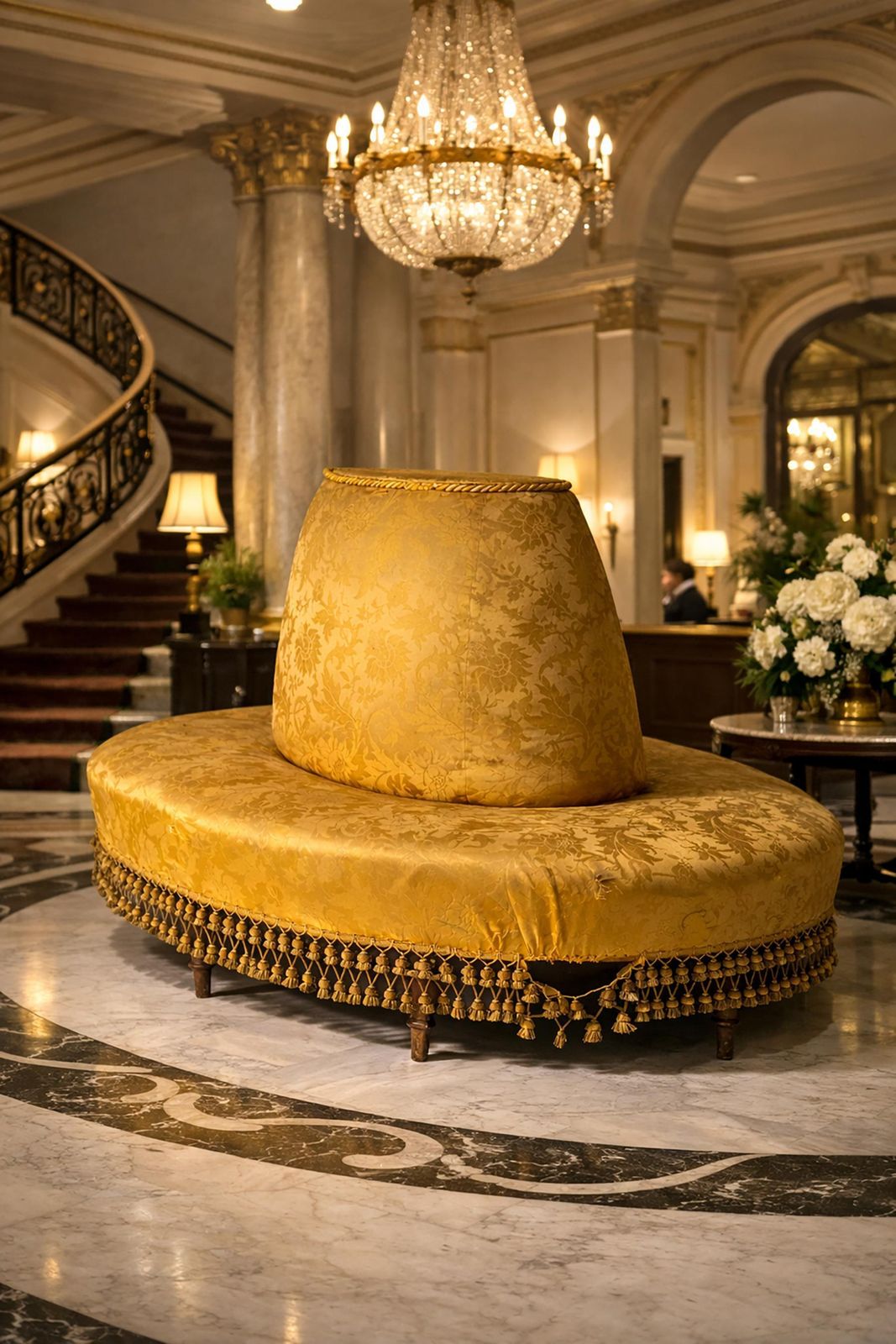 Italian Art Deco Round Boudoir Sofa In Original Golden Satin Fabric With Tassels photo buy