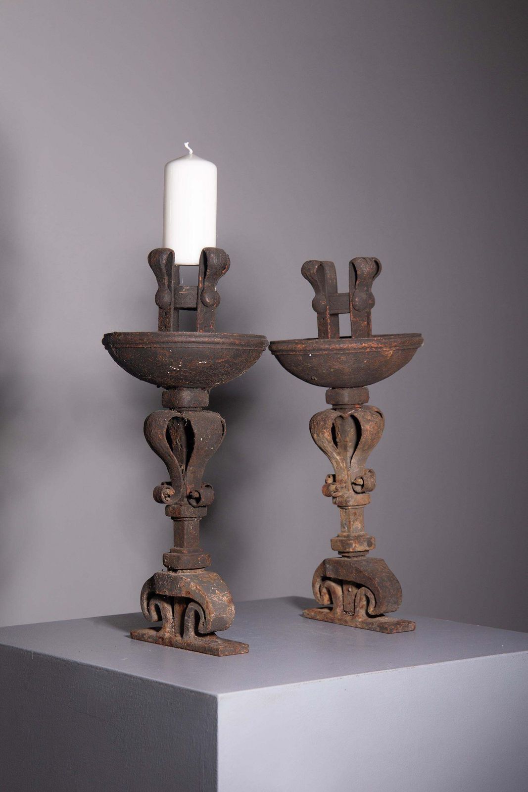 photo vintage Pair Of Antique Italian Wrought Iron Torch Holders For Outdoor Use