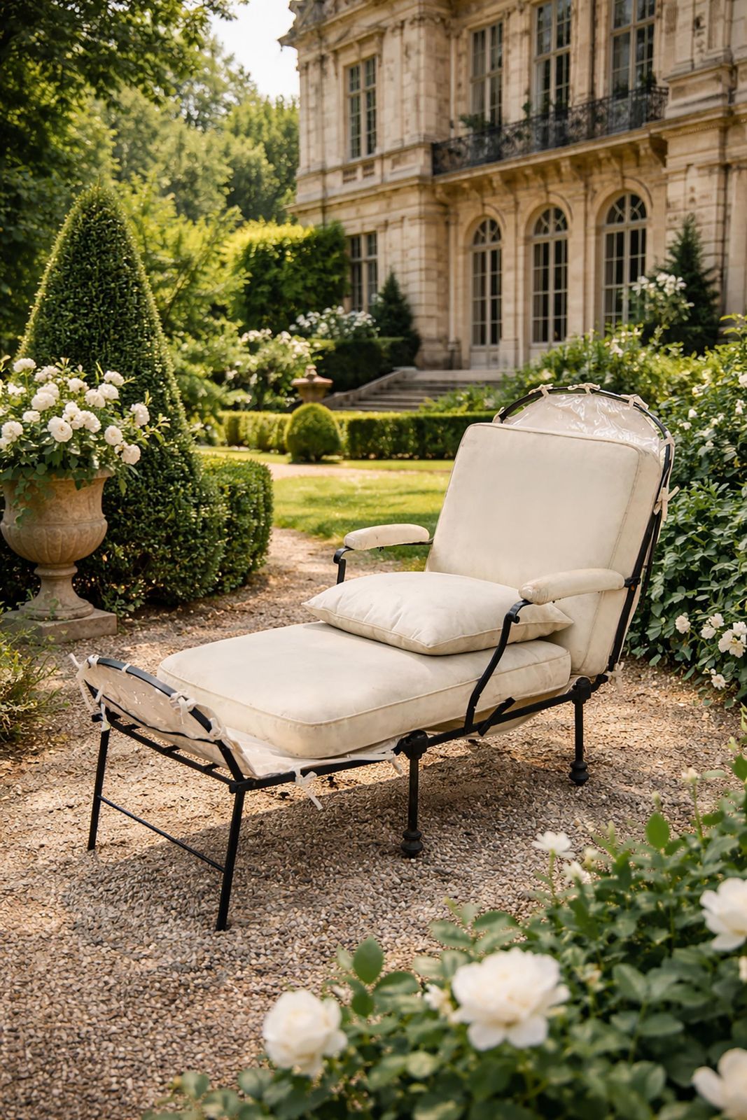 French Art Deco Country Deck Chair In Iron With Fabric Cushions photo vintage